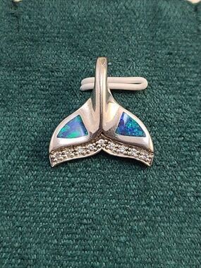 Sterling Silver Dolphin Tail Pendant 925 Blue Opal Inlay Ocean Beach Jewelry
